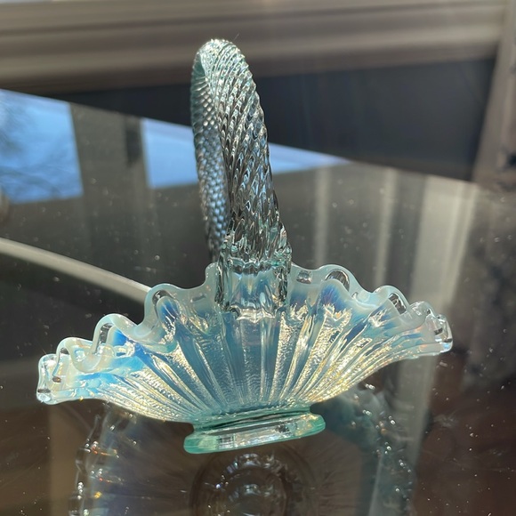 Fenton 4 5/8” by 5” tall ruffled opalescent small basket and braided handle - Picture 3 of 5
